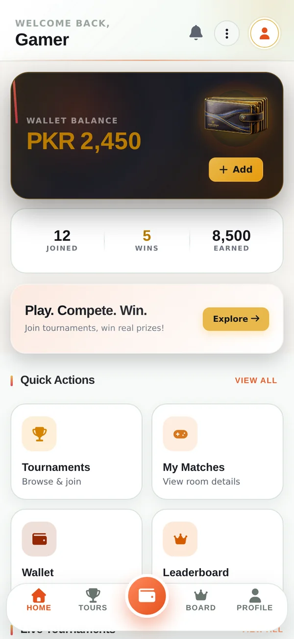 HB Battle player home screen showing wallet, stats and quick actions